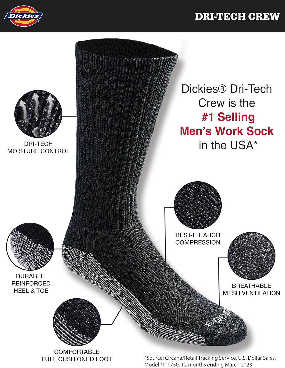 Men's Dri-Tech Moisture Control Crew Socks, Available in M-XXL (6, 12, 18 Pairs) - Image 2